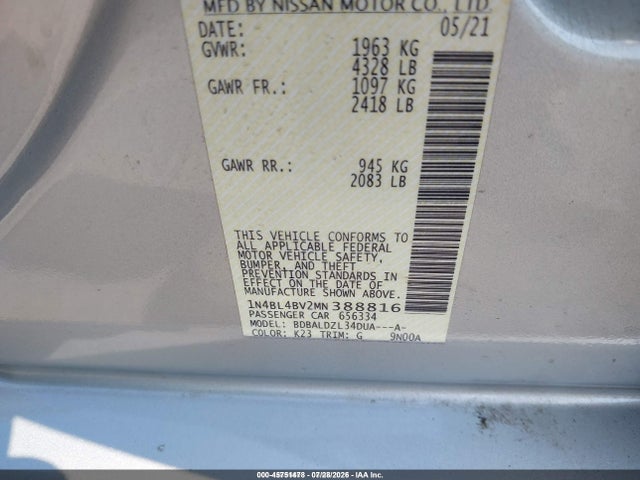 Продажа на аукционе авто 2021 Nissan Altima S Fwd, vin: 1N4BL4BV2MN388816, номер лота: 45751478