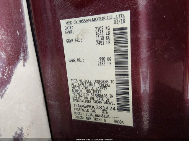 1N4AA6AP6JC381424 Nissan Maxima 3.5 Sv