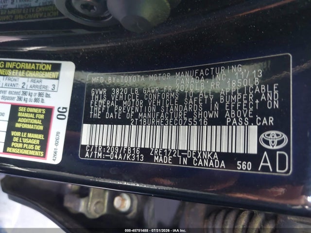 Toyota COROLLA LE 2014 2T1BURHE3EC075516 Image 9