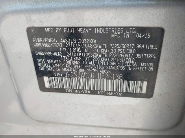 2015 Subaru Forester 2.5i Premium მანქანა იყიდება აუქციონზე, vin: JF2SJADC6FH826136, აუქციონის ნომერი: 45751504