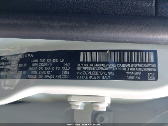 2019 Jeep Renegade Latitude 4x4 მანქანა იყიდება აუქციონზე, vin: ZACNJBBB7KPK07945, აუქციონის ნომერი: 45751509