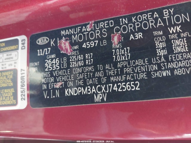 45751516 :رقم المزاد ، KNDPM3ACXJ7425652 vin ، 2018 Kia Sportage Lx مزاد بيع