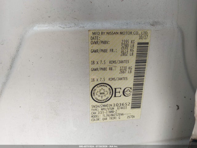 Aukcja sprzedaży 2018 Nissan Murano Platinum/s/sl/sv, vin: 5N1AZ2MH0JN103652, numer aukcji: 45751524