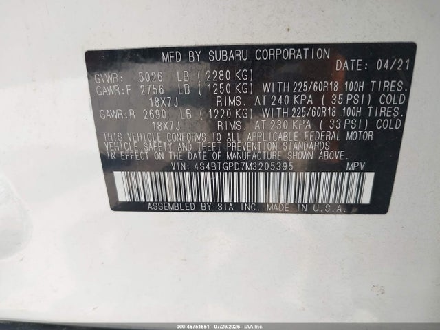 Продаж на аукціоні авто 2021 Subaru Outback Touring Xt, vin: 4S4BTGPD7M3205395, номер лоту: 45751551