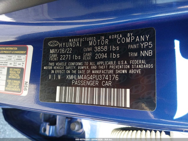 2023 Hyundai Elantra Sel მანქანა იყიდება აუქციონზე, vin: KMHLM4AG4PU374176, აუქციონის ნომერი: 45751560