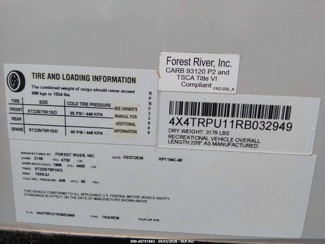 45751563 :رقم المزاد ، 4X4TRPU11RB032949 vin ، 2024 Forest River R Pod 194c Travel Trailer مزاد بيع