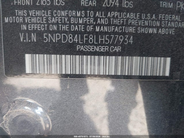 45751573 :رقم المزاد ، 5NPD84LF8LH577934 vin ، 2020 Hyundai Elantra Sel مزاد بيع