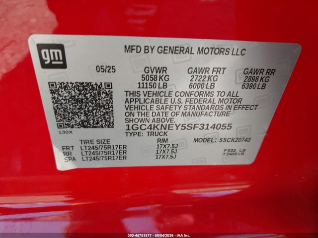 Продаж на аукціоні авто 2025 Chevrolet Silverado 2500hd 4wd  Standard Bed Lt, vin: 1GC4KNEY5SF314055, номер лоту: 45751577