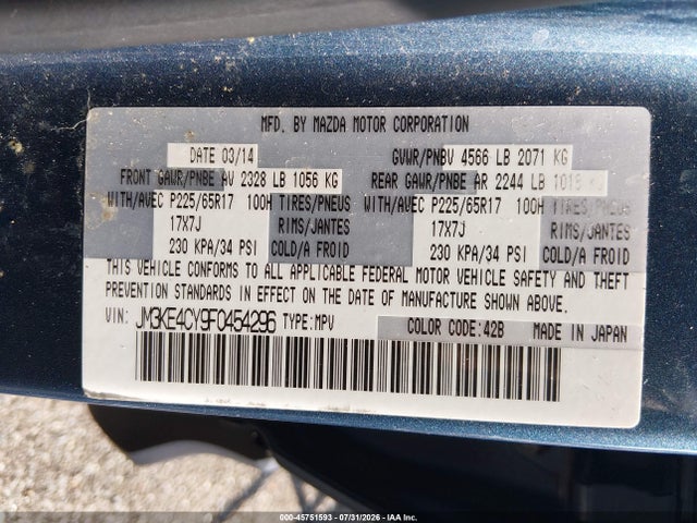 45751593 :رقم المزاد ، JM3KE4CY9F0454296 vin ، 2015 Mazda Cx-5 Touring مزاد بيع