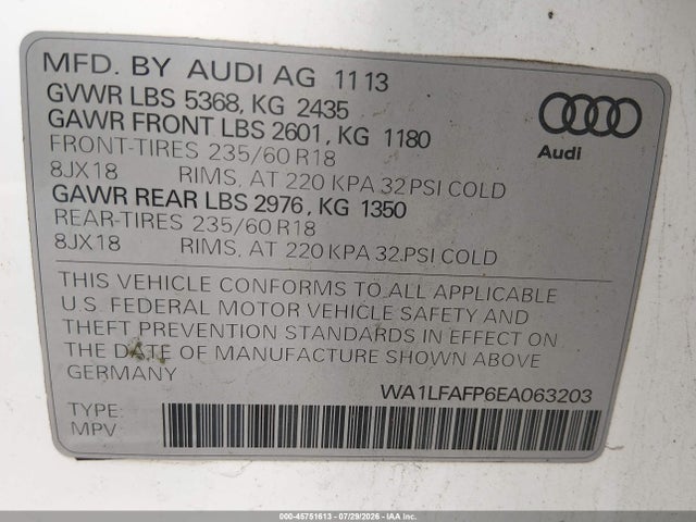 45751613 :رقم المزاد ، WA1LFAFP6EA063203 vin ، 2014 Audi Q5 2.0t Premium مزاد بيع