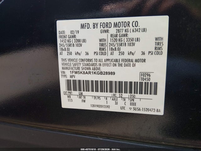 Aukcja sprzedaży 2019 Ford Police Interceptor Utility, vin: 1FM5K8AR1KGB28989, numer aukcji: 45751618