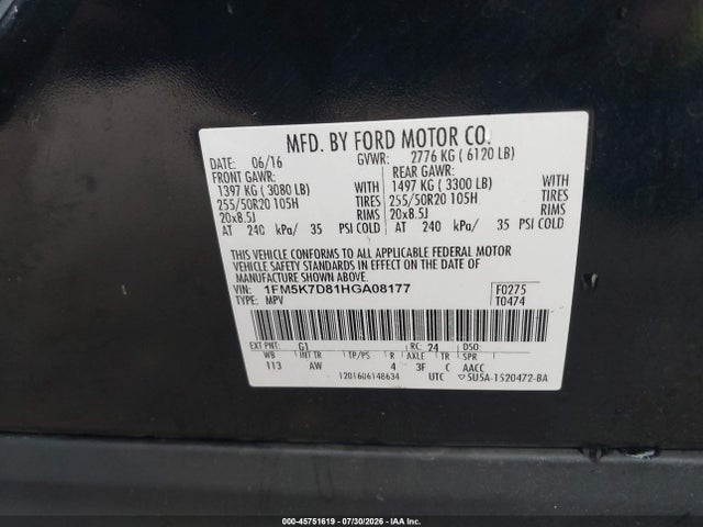 Aukcja sprzedaży 2017 Ford Explorer Xlt, vin: 1FM5K7D81HGA08177, numer aukcji: 45751619