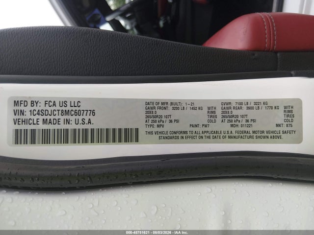 Aukcja sprzedaży 2021 Dodge Durango R/t Awd, vin: 1C4SDJCT8MC607776, numer aukcji: 45751621