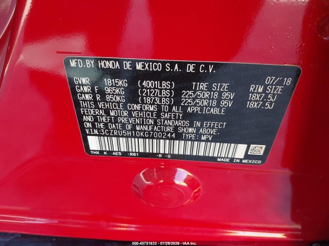 3CZRU5H10KG700244 Honda HR-V SPORT