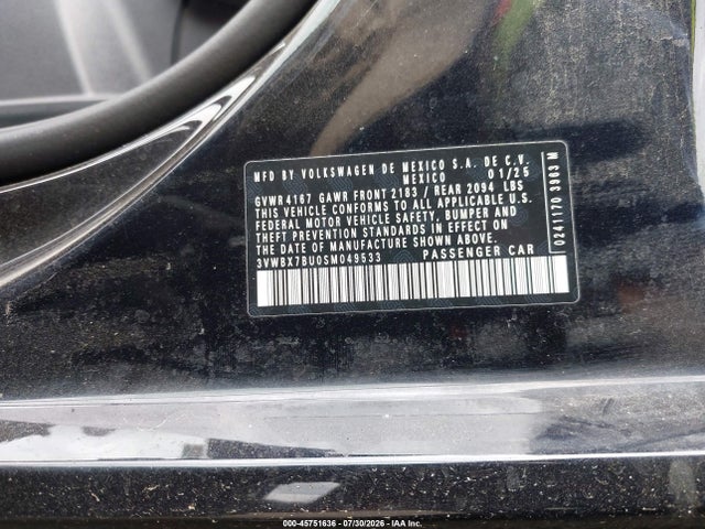 45751636 :رقم المزاد ، 3VWBX7BU0SM049533 vin ، 2025 Volkswagen Jetta 1.5t Sport مزاد بيع