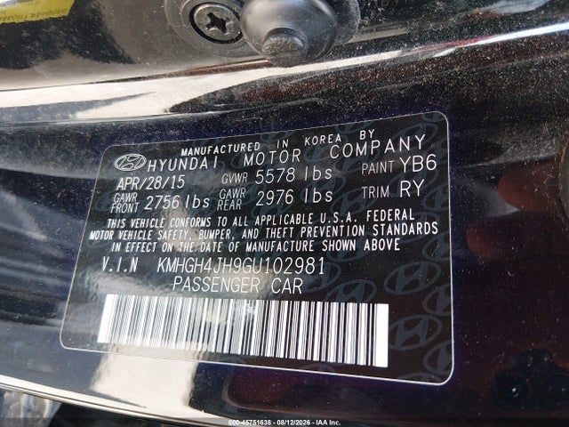 2016 Hyundai Equus Signature მანქანა იყიდება აუქციონზე, vin: KMHGH4JH9GU102981, აუქციონის ნომერი: 45751638