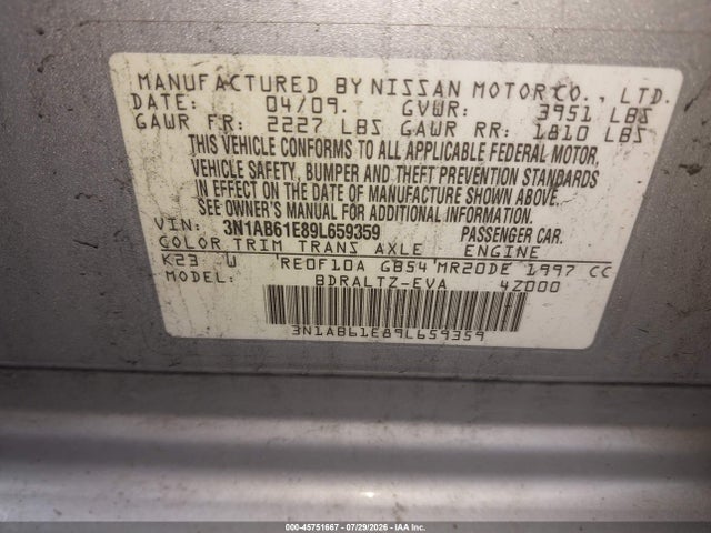 Продаж на аукціоні авто 2009 Nissan Sentra 2.0s, vin: 3N1AB61E89L659359, номер лоту: 45751667