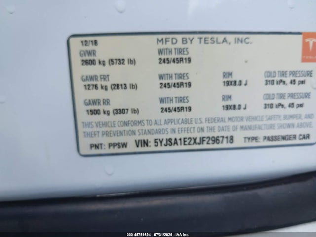 Продаж на аукціоні авто 2018 Tesla Model S 100d/75d/p100d, vin: 5YJSA1E2XJF296718, номер лоту: 45751694