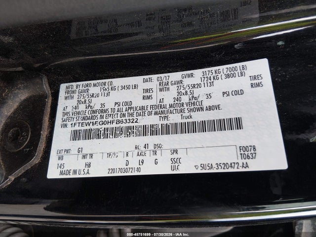 1FTEW1EG0HFB63322 Ford F-150 Lariat