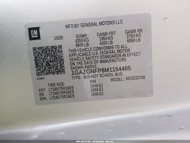 45751705 :رقم المزاد ، 1GAZGNFP8M1154405 vin ، 2021 Chevrolet Express Passenger Rwd 3500 Extended Wheelbase Ls مزاد بيع