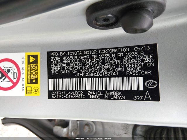 45751722 :رقم المزاد ، JTHKD5BH6D2152743 vin ، 2013 Lexus Ct 200h مزاد بيع