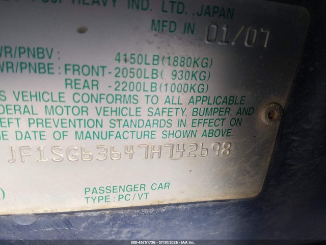 2007 Subaru Forester 2.5x/sports 2.5x მანქანა იყიდება აუქციონზე, vin: JF1SG63647H742698, აუქციონის ნომერი: 45751726