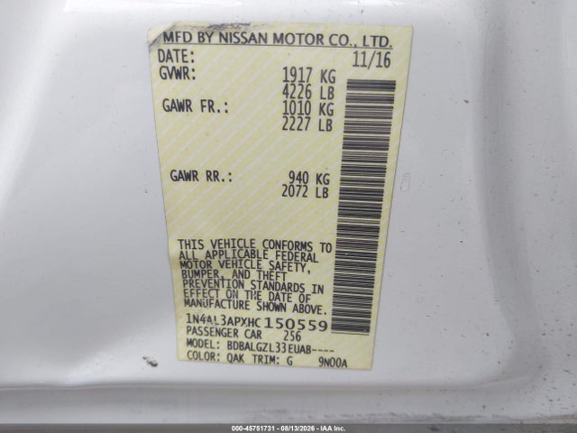 Продажа на аукционе авто 2017 Nissan Altima 2.5 S, vin: 1N4AL3APXHC150559, номер лота: 45751731