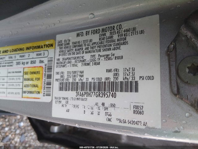 Продажа на аукционе авто 2016 Ford Fusion Se, vin: 3FA6P0H77GR395740, номер лота: 45751736