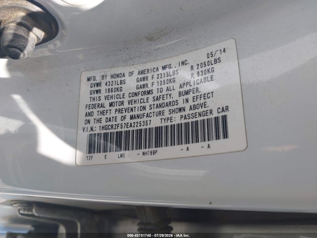2014 Honda Accord Sport მანქანა იყიდება აუქციონზე, vin: 1HGCR2F57EA225357, აუქციონის ნომერი: 45751740