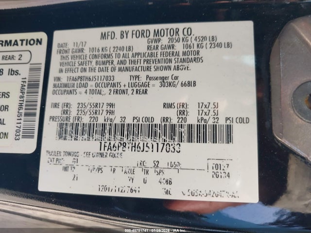 2018 Ford Mustang Ecoboost მანქანა იყიდება აუქციონზე, vin: 1FA6P8TH6J5117033, აუქციონის ნომერი: 45751741