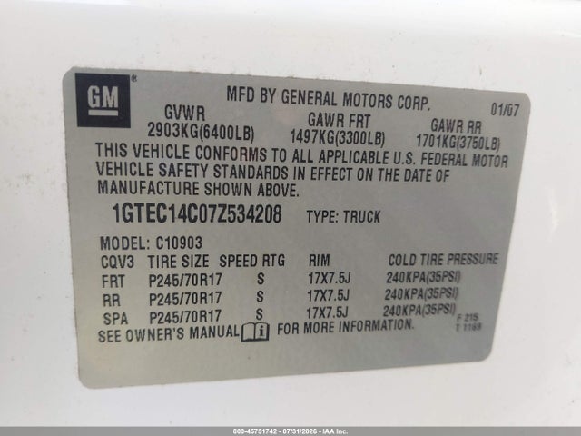 Продажа на аукционе авто 2007 Gmc Sierra 1500 Work Truck, vin: 1GTEC14C07Z534208, номер лота: 45751742