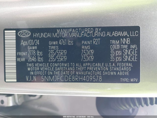 Продаж на аукціоні авто 2024 Hyundai Tucson Sel, vin: 5NMJFCDE8RH409578, номер лоту: 45751748