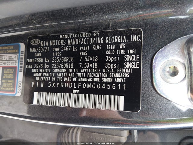 Aukcja sprzedaży 2021 Kia Sorento Ex, vin: 5XYRHDLF0MG045611, numer aukcji: 45751759