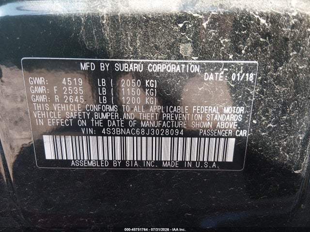 Продажа на аукционе авто 2018 Subaru Legacy 2.5i Premium, vin: 4S3BNAC68J3028094, номер лота: 45751764