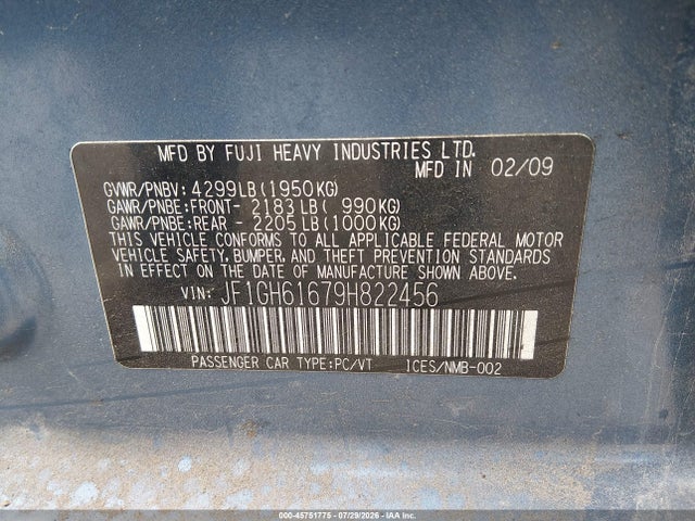 Продаж на аукціоні авто 2009 Subaru Impreza 2.5i, vin: JF1GH61679H822456, номер лоту: 45751775