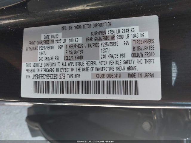 Aukcja sprzedaży 2024 Mazda Cx-5 2.5 S Premium, vin: JM3KFBDM8R0381679, numer aukcji: 45751787