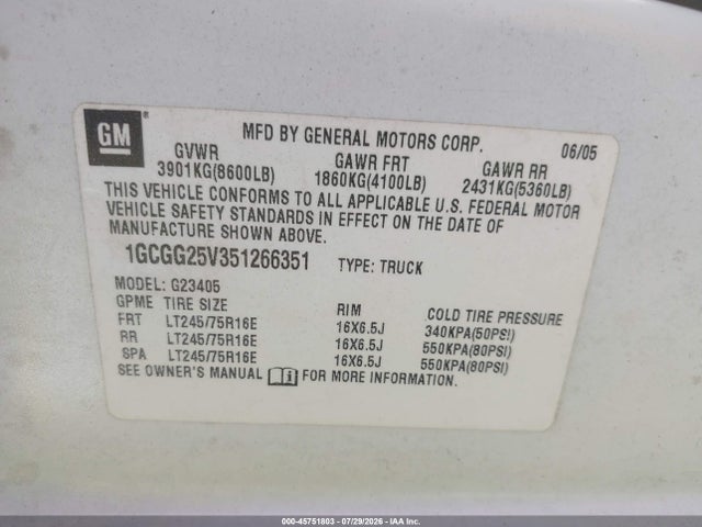 45751803 :رقم المزاد ، 1GCGG25V351266351 vin ، 2005 Chevrolet Express مزاد بيع