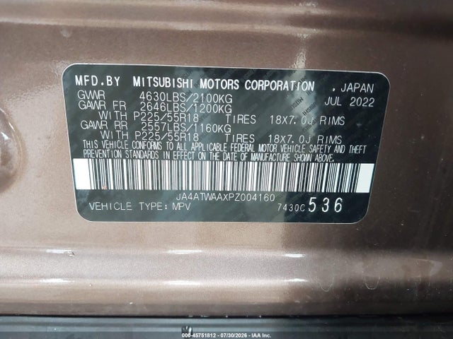Aukcja sprzedaży 2023 Mitsubishi Eclipse Cross Se S-awc/sel S-awc, vin: JA4ATWAAXPZ004160, numer aukcji: 45751812