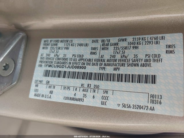 1FMCU9GD1JUD08900 Ford ESCAPE SE