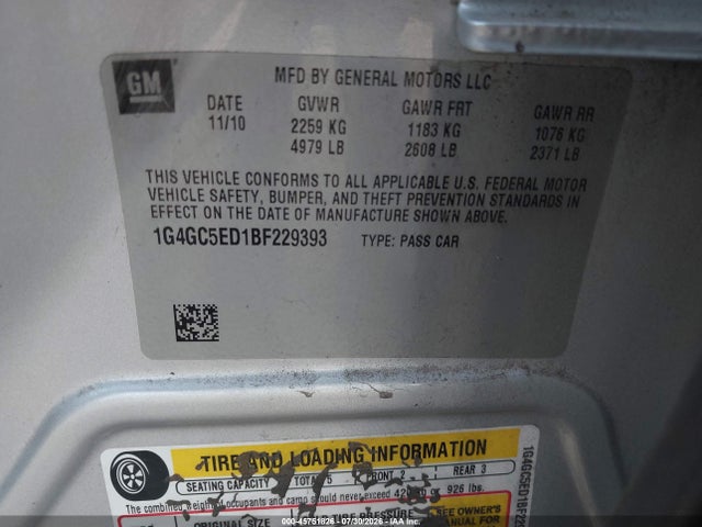 45751826 :رقم المزاد ، 1G4GC5ED1BF229393 vin ، 2011 Buick Lacrosse Cxl مزاد بيع
