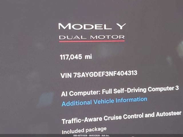 Aukcja sprzedaży 2022 Tesla Model Y Performance Dual Motor All-wheel Drive, vin: 7SAYGDEF3NF404313, numer aukcji: 45751839
