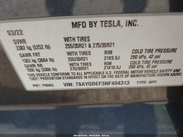 Aukcja sprzedaży 2022 Tesla Model Y Performance Dual Motor All-wheel Drive, vin: 7SAYGDEF3NF404313, numer aukcji: 45751839