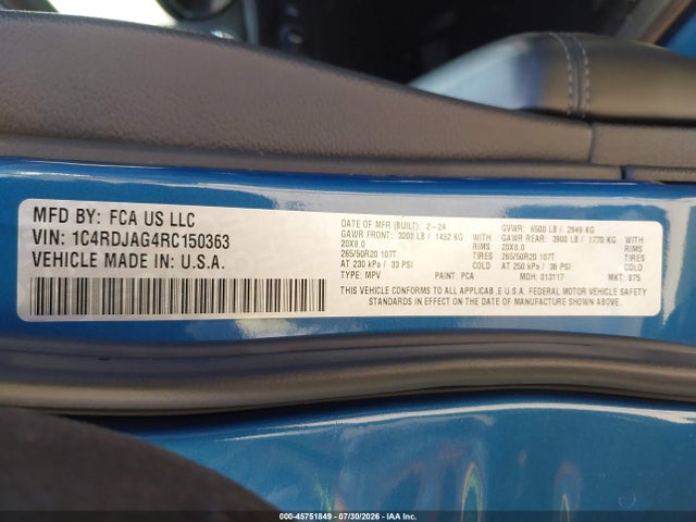 Auction sale of the 2024 Dodge Durango Sxt Plus Awd, vin: 1C4RDJAG4RC150363, lot number: 45751849