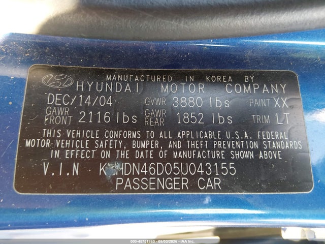 45751860 :رقم المزاد ، KMHDN46D05U043155 vin ، 2005 Hyundai Elantra Gls/gt مزاد بيع