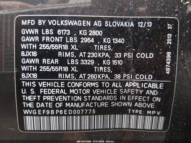 Продажа на аукционе авто 2014 Volkswagen Touareg 3.6l Sport, vin: WVGEF9BP6ED007775, номер лота: 45751868
