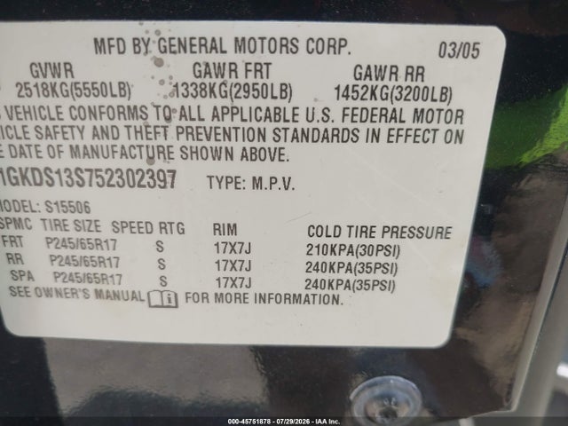 2005 Gmc Envoy Sle მანქანა იყიდება აუქციონზე, vin: 1GKDS13S752302397, აუქციონის ნომერი: 45751878
