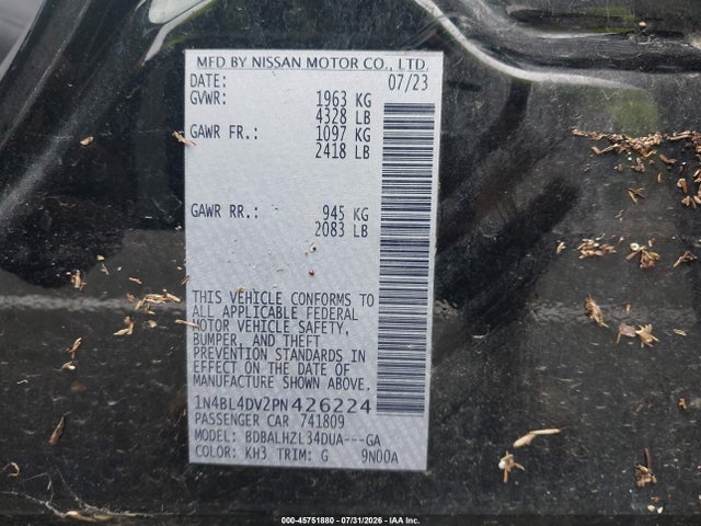Продажа на аукционе авто 2023 Nissan Altima Sv Fwd, vin: 1N4BL4DV2PN426224, номер лота: 45751880