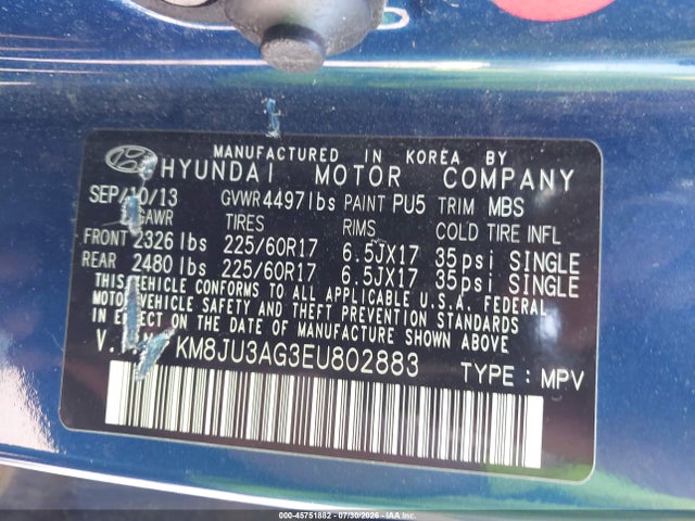 Aukcja sprzedaży 2014 Hyundai Tucson Se, vin: KM8JU3AG3EU802883, numer aukcji: 45751882