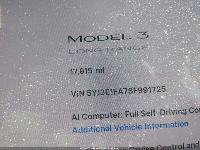 Aukcja sprzedaży 2025 Tesla Model 3 Long Range Rear-wheel Drive/standard Rear-wheel Drive, vin: 5YJ3E1EA7SF991725, numer aukcji: 45751887