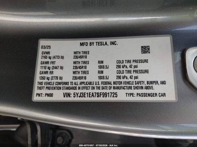 Aukcja sprzedaży 2025 Tesla Model 3 Long Range Rear-wheel Drive/standard Rear-wheel Drive, vin: 5YJ3E1EA7SF991725, numer aukcji: 45751887
